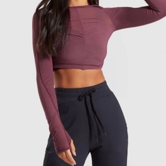 Gymshark Aura Ruched Mesh/Sheer Long Sleeve Crop Top - Picture 2 of 8